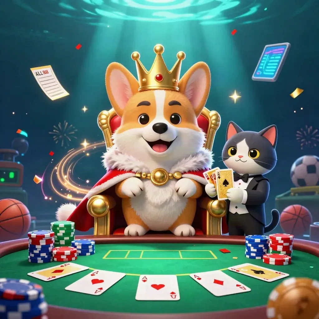 Royal corgi and cat butler amid casino chips, cards, confetti, and glowing sports props