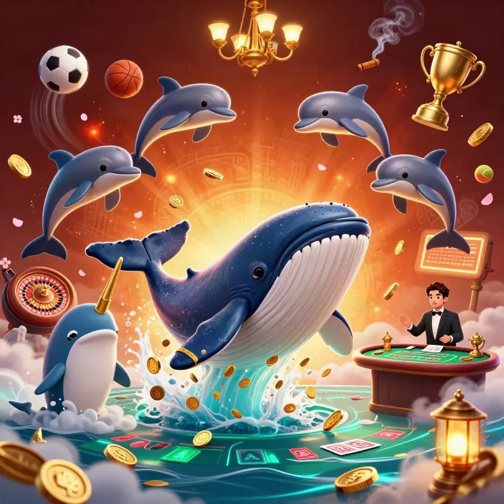 Whale, narwhal and dolphins burst through casino coins with sports balls and glowing luxury lights.