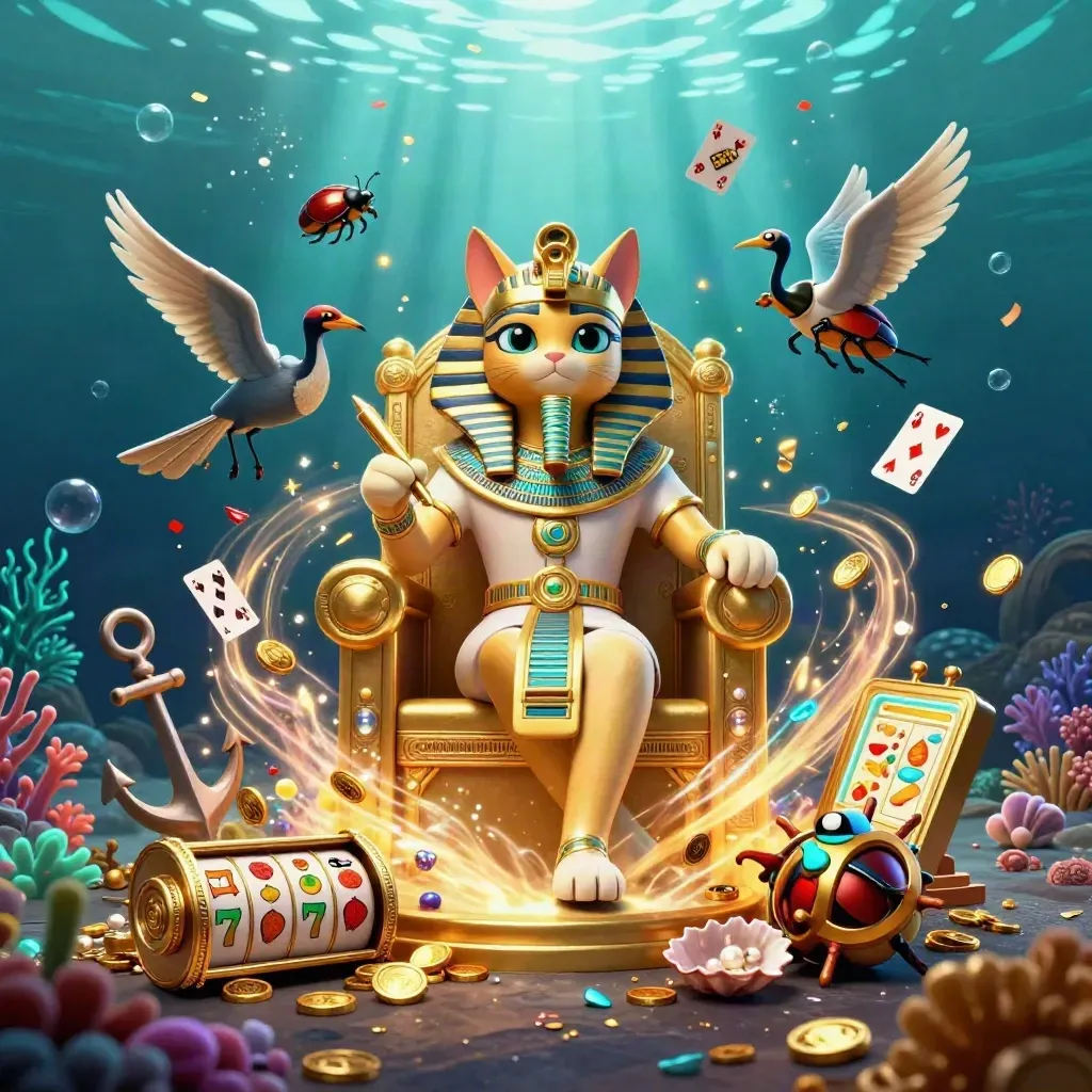 Pharaoh cat, ibis scribe, and gem scarabs in an underwater treasure cove, coins, coral, cards, and glowing effects.
