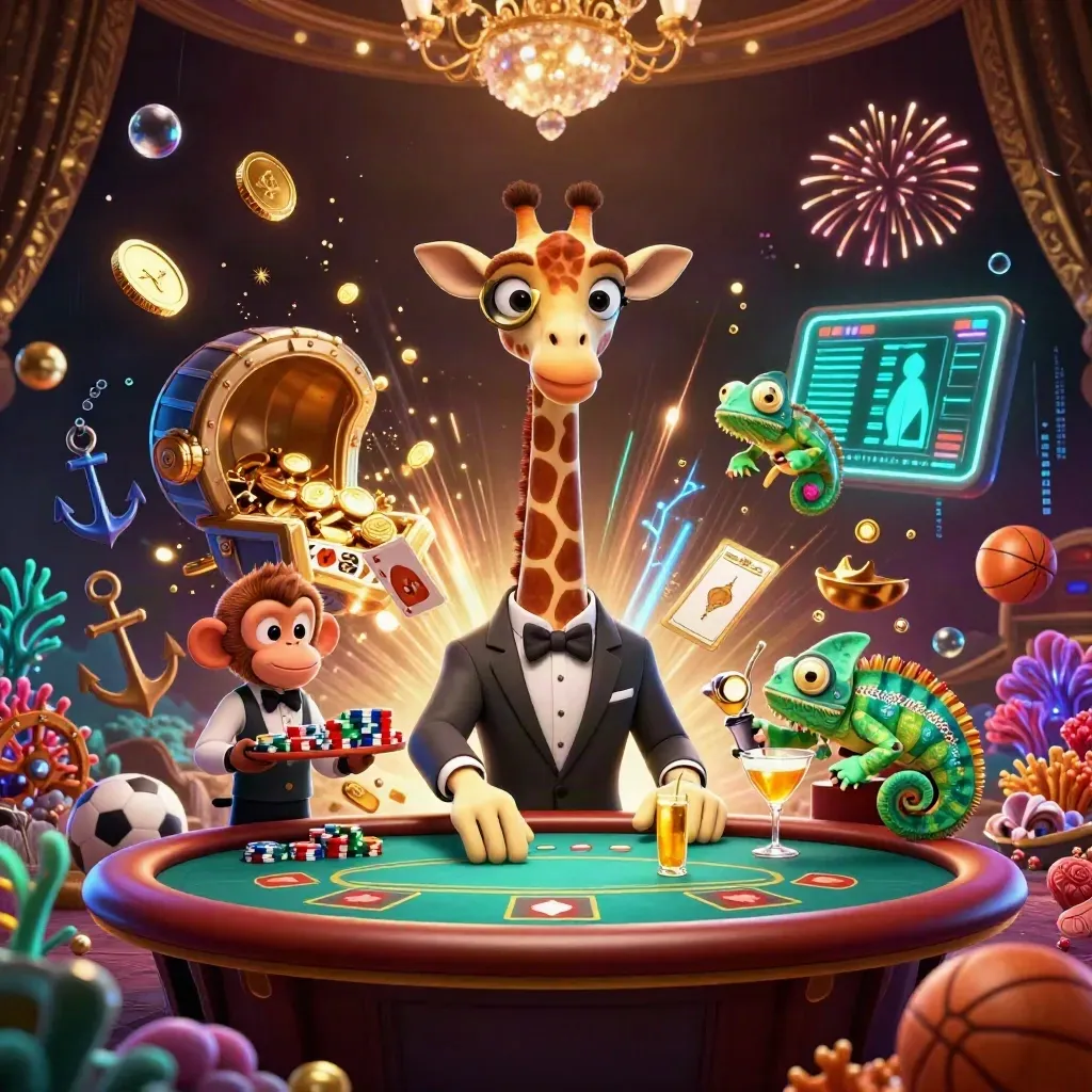 Giraffe, monkey, and chameleon in a neon casino treasure cove with gold coins and fireworks
