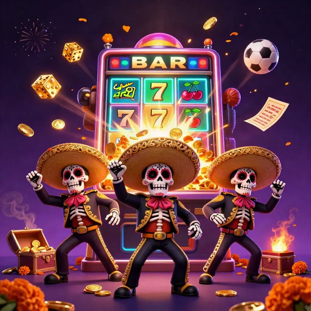 Skeleton mariachi trio with exploding slot machine, gold coins, fireworks, and sports betting icons.