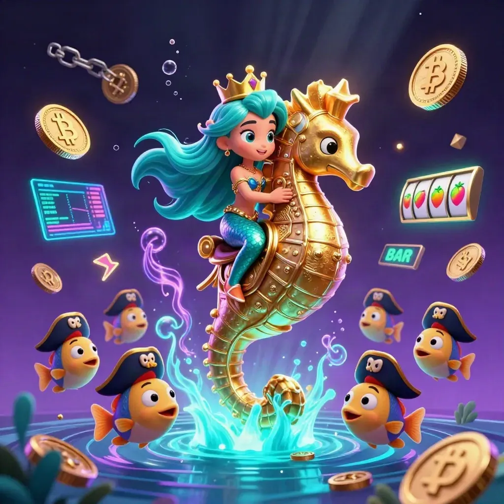 Mermaid princess rides a golden seahorse amid neon coins, fish, lightning, and casino magic.