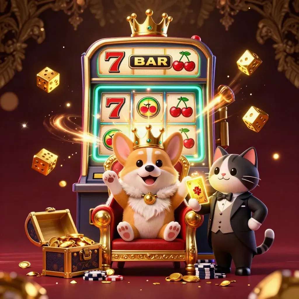 Royal corgi and cat butler amid jackpot burst, chips, gold, and neon casino effects.